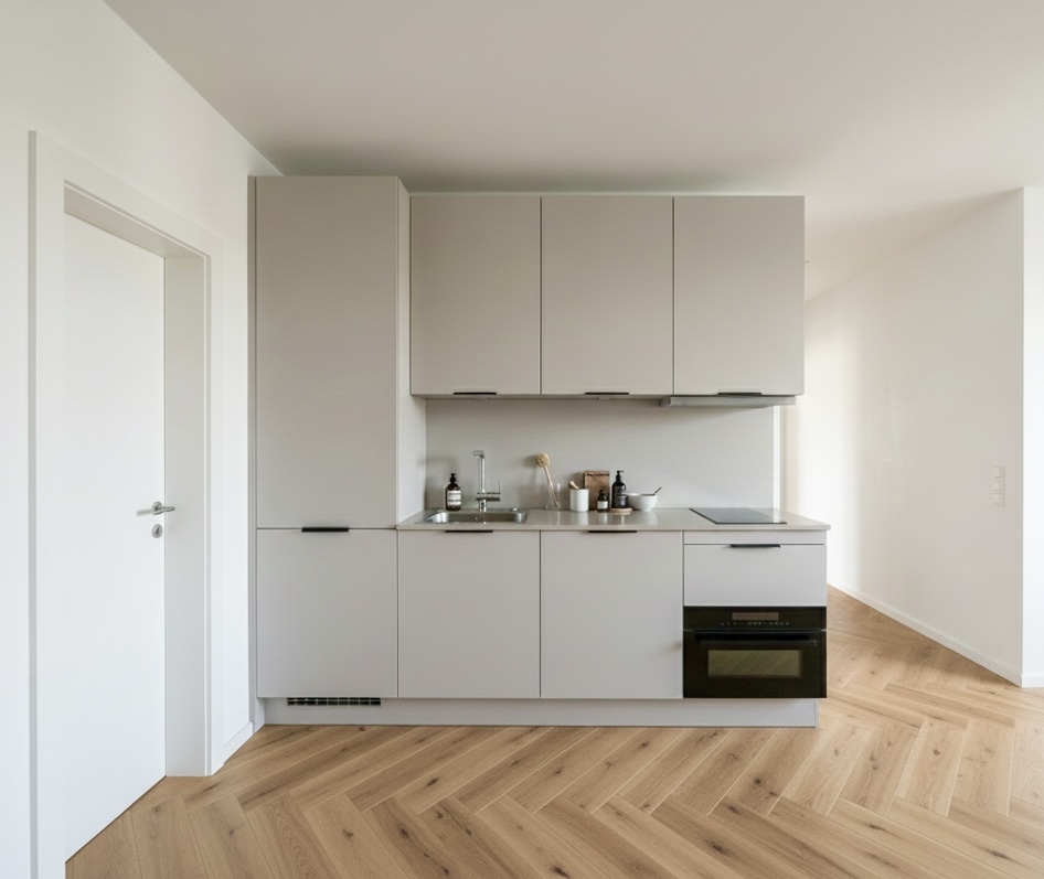 Neue Einbauküche mit Fischgrätparkett