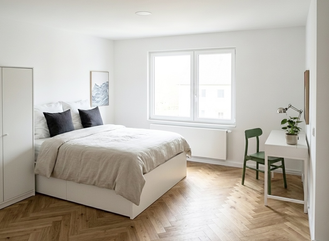 Helles Co-Living-Zimmer mit Doppelbett und Arbeitsplatz