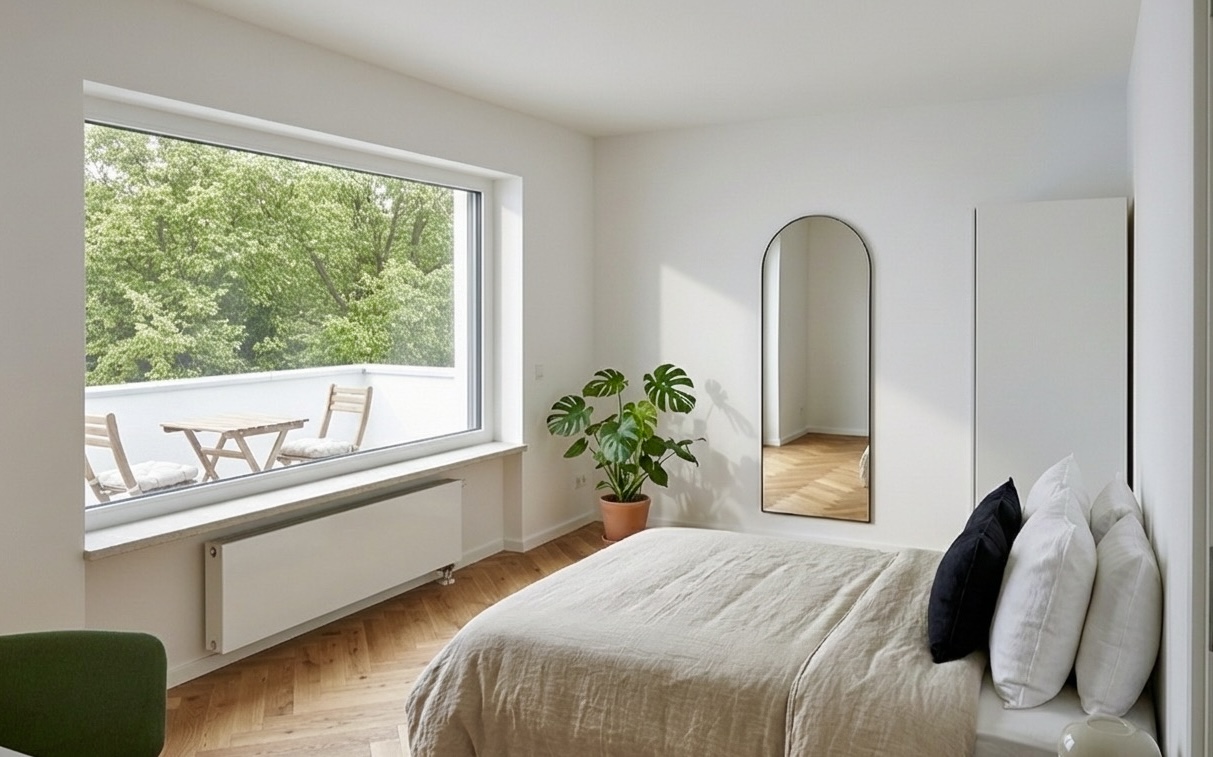 Möbliertes Co-Living-Zimmer mit Blick zum Balkon